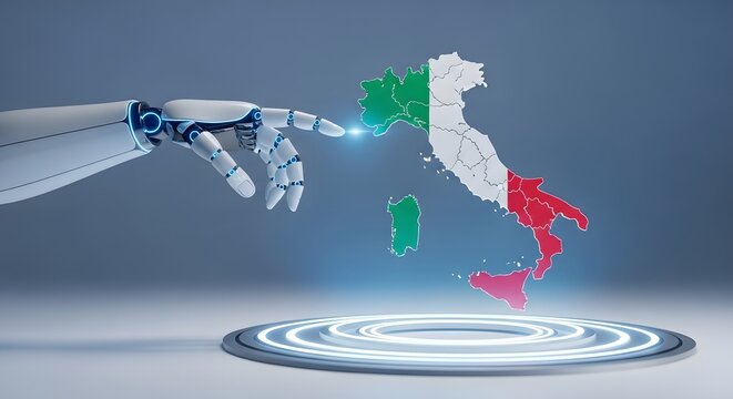 Robot hand interacts with holographic map of italy displayed on futuristic platform - Powered by Adobe