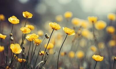 Delicate yellow flowers in a meadow. Soft focus, bokeh effect