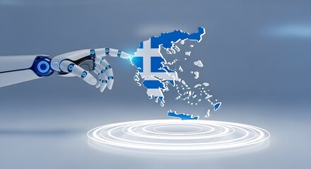 Robotic hand interacting with a digital map of greece