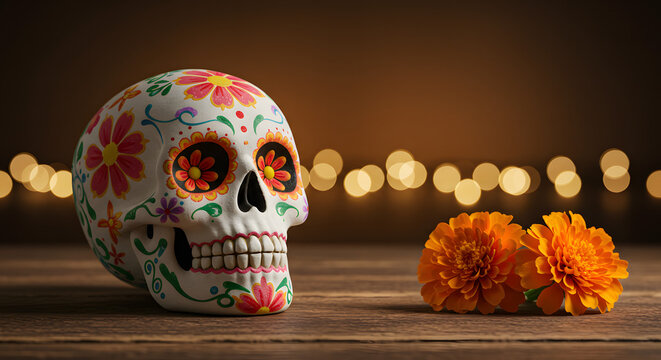 Colorful sugar skull with marigold flowers on wooden table background  