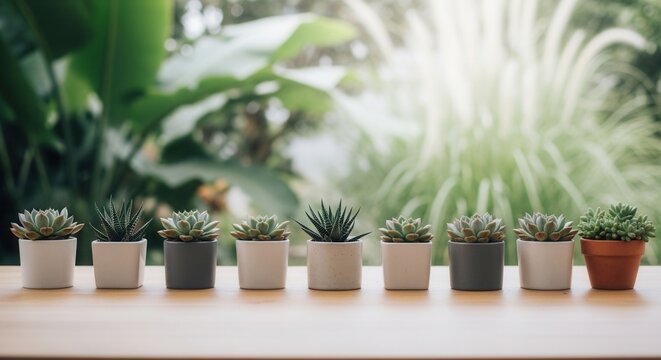 Eight small succulents in different pots sit on a wooden table with a bright blurred green garden in the background - Powered by Adobe