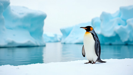 Fototapeta premium Penguin standing on ice, cold and serene Arctic landscape, bright sunlight reflecting off snow, sense of resilience in nature