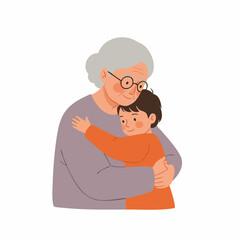 Flat Illustration of Affectionate Grandmother Hugging Grandson Showing Love and Care