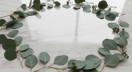 Eucalyptus branches with green leaves and small buds form an oval on a reflective white marble surface showing light reflections and shadows