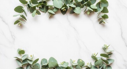 Eucalyptus branches with green leaves frame a white marble surface providing an open central space