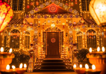 Obraz premium A beautifully decorated house with glowing Diwali lights and warm bokeh effect at the entrance during evening celebrations, perfect for stock, ads and festive designs