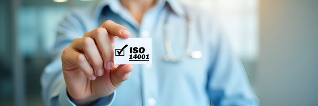 Hand places checkmark on ISO 14001 label representing quality control and certification for environmental management systems (EMS). concept as Hand places checkmark on ISO 14001 label representing qua