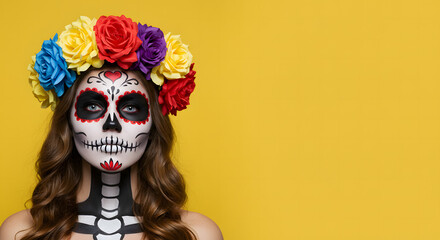 Young woman in skull makeup with flower crown on yellow background  