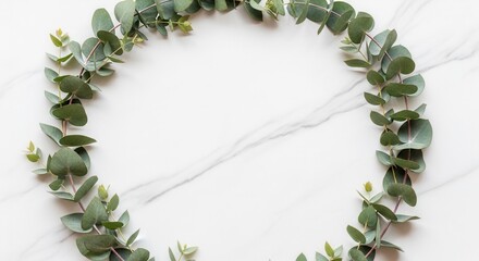 Eucalyptus leaves in an open oval on white marble with gray veins