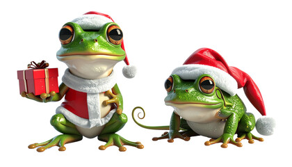 Fototapeta premium Two cartoon Xenopus in Santa outfit bundle isolated on transparent background