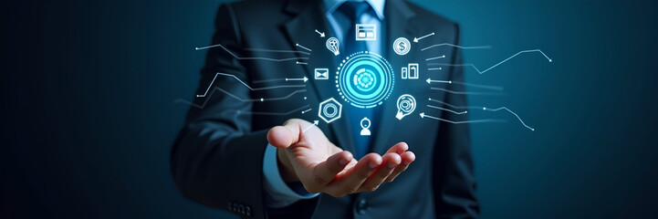 Fototapeta premium Hand interacting with holographic research and development device with innovation technological advancement icons representing R&D and business solutions in empty space concept as Hand interacts with 