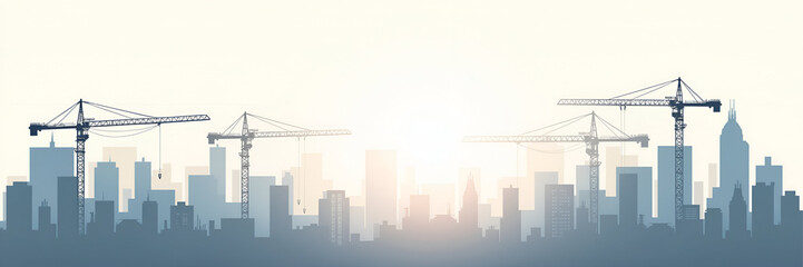 Obraz premium Holographic construction cranes surrounded by building structures, conveying dynamic development against a neutral backdrop that accommodates essential copy space for branding.