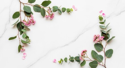 Flowering eucalyptus branches with pink blossoms and petals frame a white marble surface with subtle gray veining
