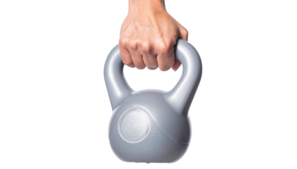 A hand grips a silver kettlebell, showcasing its solid design and ergonomic handle, emphasizing strength and fitness.