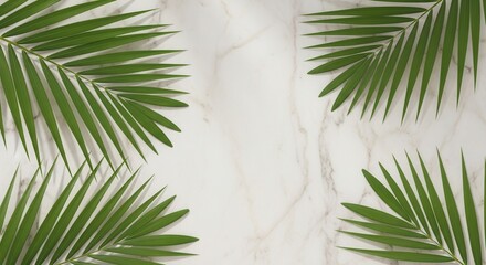 Four green palm fronds frame a white marble surface with natural shadows