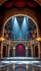 Obraz premium Elegant theater interior with ornate architecture, red curtains, and dramatic lighting creating a captivating stage setup
