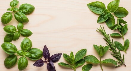 Fresh green and purple herbs including basil mint and rosemary are arranged on a light wooden background