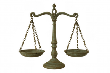 Antique justice scales representing law and fairness, balancing equality and ethical judgment, with transparent background