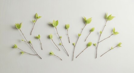 Fresh green budding leaves on delicate branches are arranged artfully on a light neutral surface