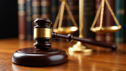 Wooden gavel on a desk in a law court used by a judge, wallpaper with copy space and a scale in the background.