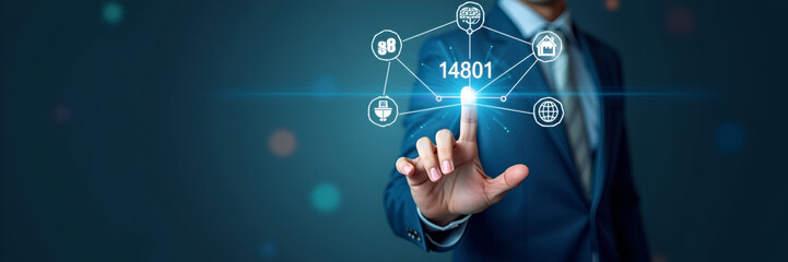 Hand interacting with holographic ISO Standards interface displaying ISO 14001 quality assurance environmental management icons symbolizing ISO certification and standards in empty space concept as Ha