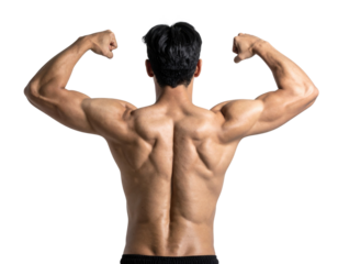 A muscular individual flexes their arms, showcasing well-defined back muscles and strength.