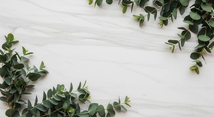 Fresh green eucalyptus branches are artfully arranged on a clean white marble background with subtle grey veining
