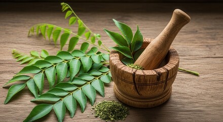 Fresh green leaves and powdered herbs in a wooden mortar with a pestle on a rustic wood surface
