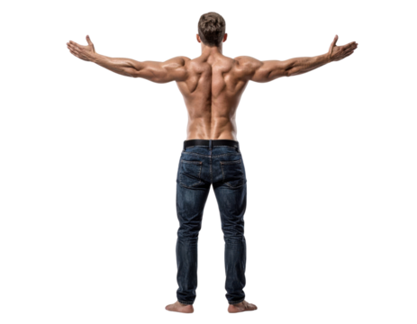 A muscular man stands with arms outstretched, showcasing an impressive physique.