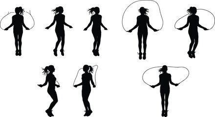 Jump rope silhouette, female fitness movement, cardio exercise illustration, athletic training posture, workout rhythm concept, health and wellness design, black figure sequence