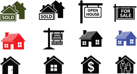 Real estate icons set houses sold open house for sale family home