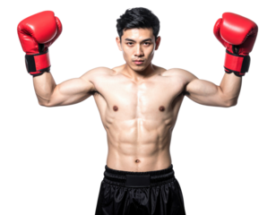 A muscular boxer raises his arms in red gloves, showcasing strength and readiness for a match.