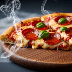 Authentic Italian Style Pepperoni Pizza Slice with Fresh Herbs and Tomato Sauce - Appetizing Close-Up