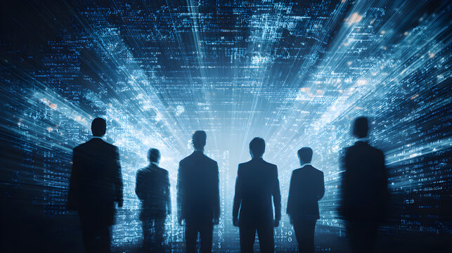 Silhouetted figures in business attire against a backdrop of digital data and light rays - Powered by Adobe