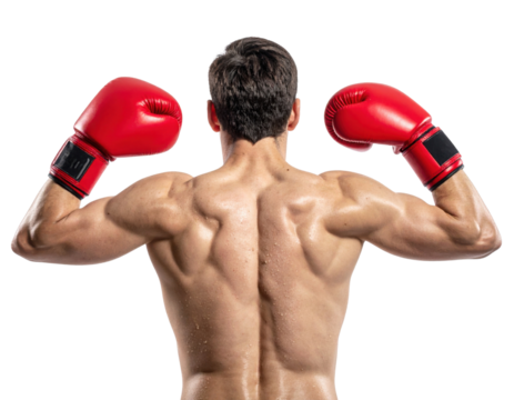 A muscular athlete in red boxing gloves poses with his back turned, showcasing defined shoulders and back muscles.
