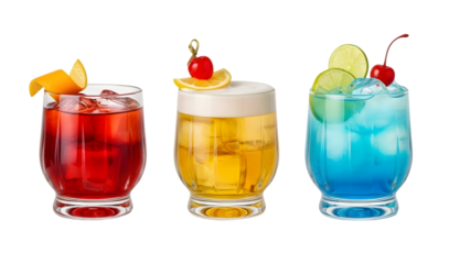 a set of cocktails: gin tonic, blue lagoon, tequila sunrise, iced irish coffee, pina colada, mai tai, cocktail with rum, whiskey, mojito