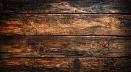 Fototapeta premium Close-up of weathered, dark brown wooden planks. Horizontal, parallel boards with variations in tone and texture. Visible wood grain and knots. Natural, rustic look