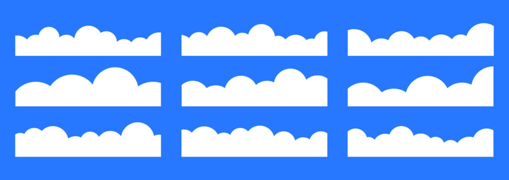 Set of simple cloud border silhouettes in a clean, flat design. Collection of white, cartoon-style clouds is perfect for creating sky backgrounds or decorative bottom frames