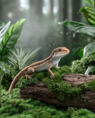 Fototapeta premium Creative Animal Artwork Vibrant Lizard on Mossy Log Amid Lush Jungle Foliage high quality design