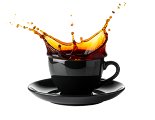 Dynamic splash of dark coffee erupting from a black cup and saucer isolated on transparent background