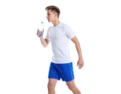 A young man in athletic wear walks while holding a bottle of water.