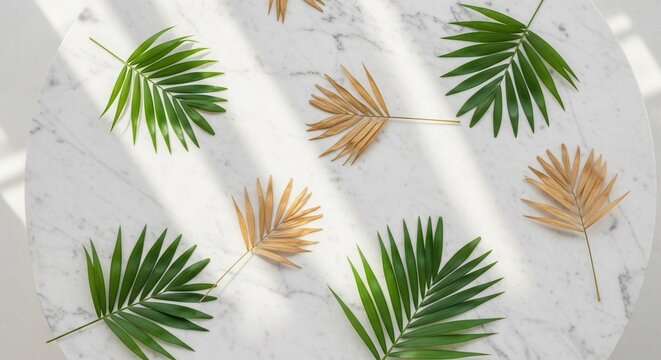 Green and dried palm leaves arranged on a white marble surface with strong diagonal light and shadow patterns