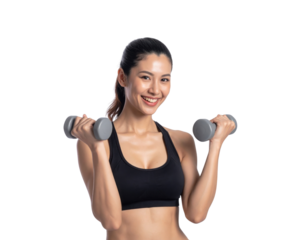 A smiling woman holds dumbbells, showcasing her fitness enthusiasm and strength in a workout pose.
