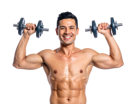 Fit individual smiling while lifting dumbbells, showcasing muscular physique and strength.