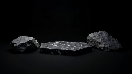 Elegant black stone podium for showcasing skin care cosmetics in a minimalist style