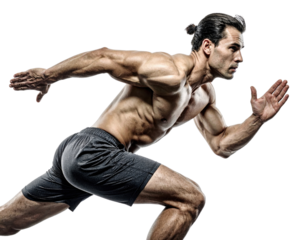A muscular male athlete is sprinting, showcasing strength and determination in a dynamic running pose.
