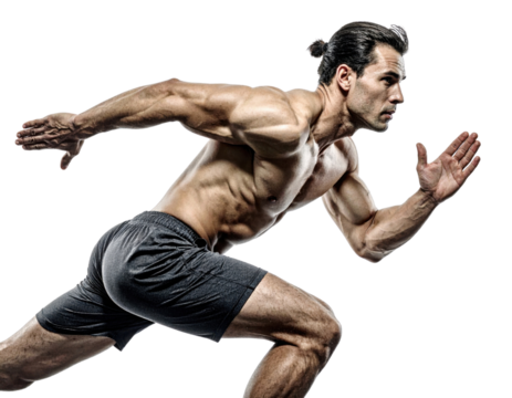 A muscular male athlete is sprinting, showcasing strength and determination in a dynamic running pose.