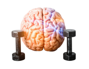 A stylized human brain sits between two dumbbells, symbolizing the connection between mental and physical strength.