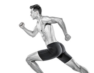 A muscular man is sprinting in a dynamic pose, showcasing athleticism and motion.