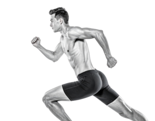A muscular man is sprinting in a dynamic pose, showcasing athleticism and motion.